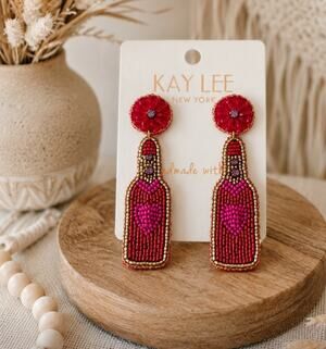 Kay Lee Red Pink Heart  Wine Bottle Beaded Earrings New